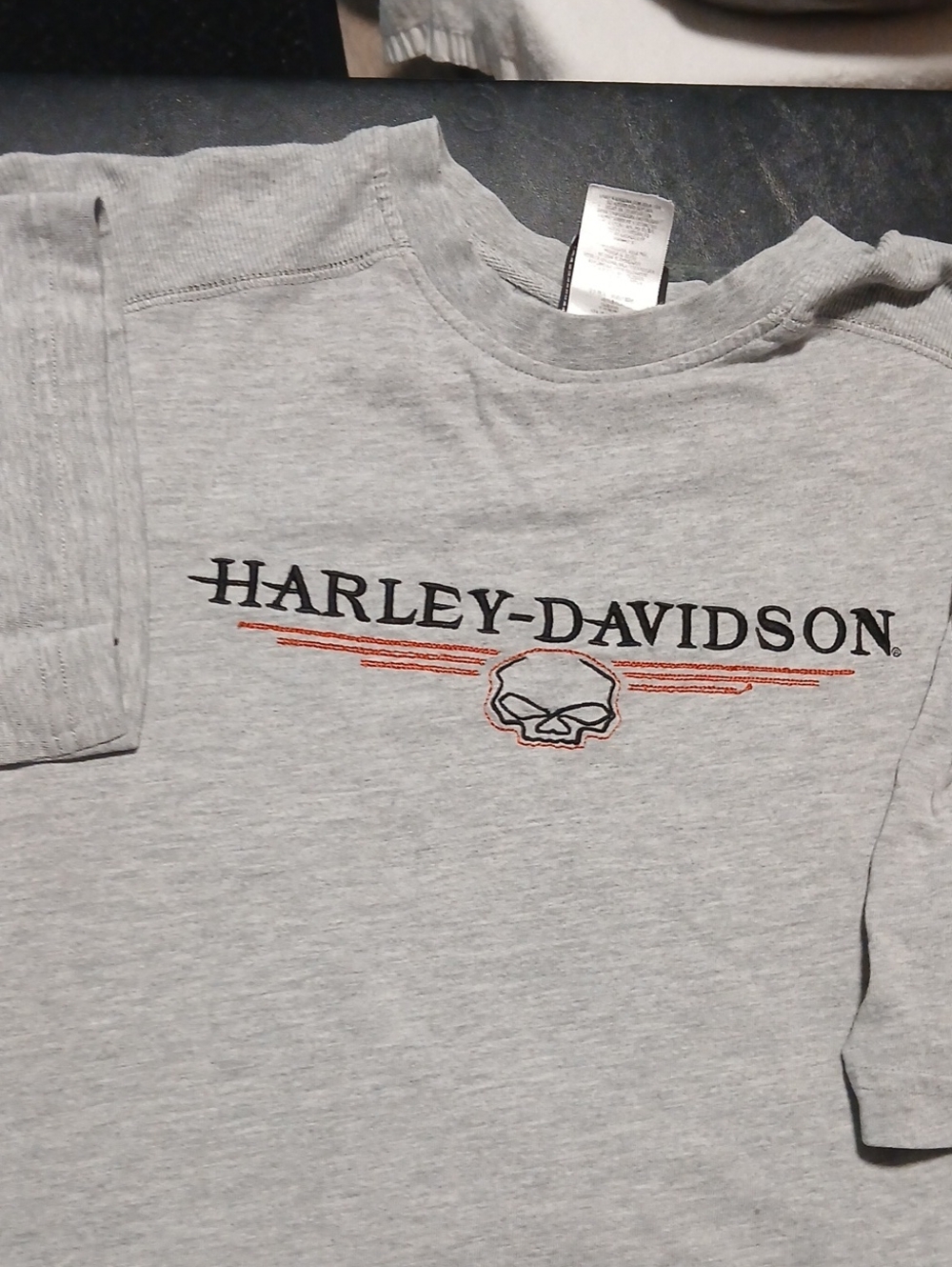 Harley-Davidson Gray Tee with Black Logo and Orange Skull Accent